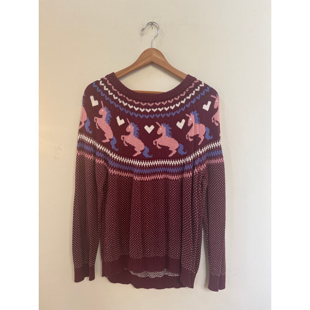 ModCloth XL Unicorn Sweater Pullover Whimsical Fairy Core Novelty Intarsia Red - Picture 2 of 5
